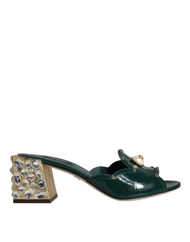 Green Crystal Leather Slides Sandals Shoes sold by Louxly
