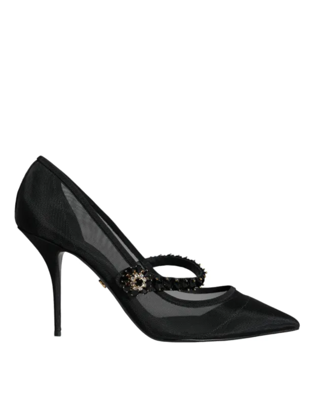 Black Mesh Mary Jane Crystal Heel Pumps Shoes sold by Louxly