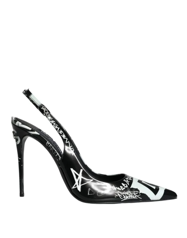 Black Graffiti Leather Slingback Heels Pumps Shoes sold by Louxly