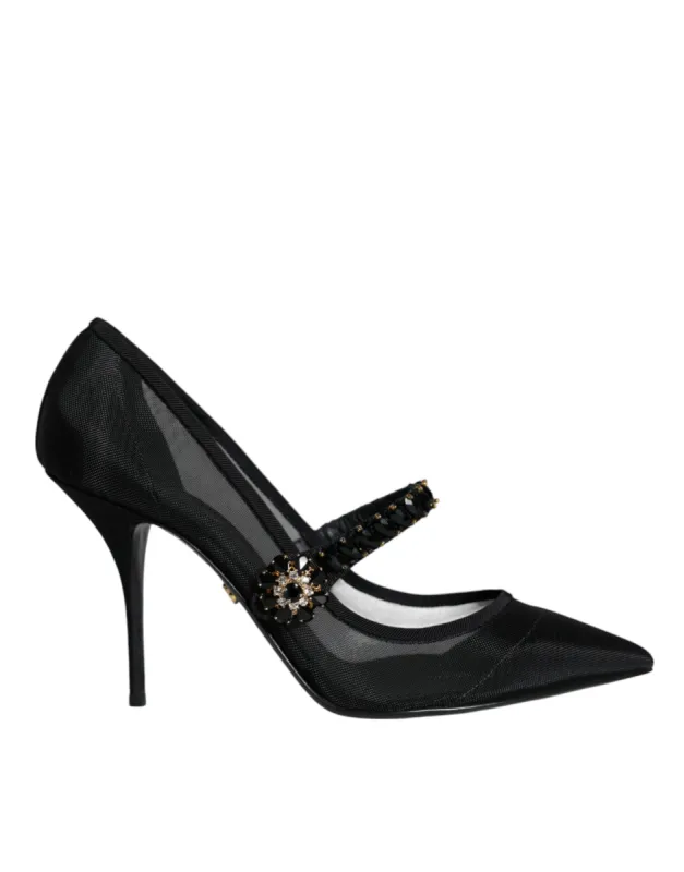 Black Mesh Mary Jane Crystal Heel Pumps Shoes sold by Louxly