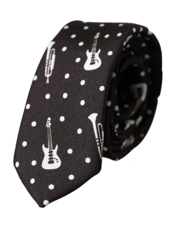 Black Guitar Print Silk Adjustable Tie sold by Louxly