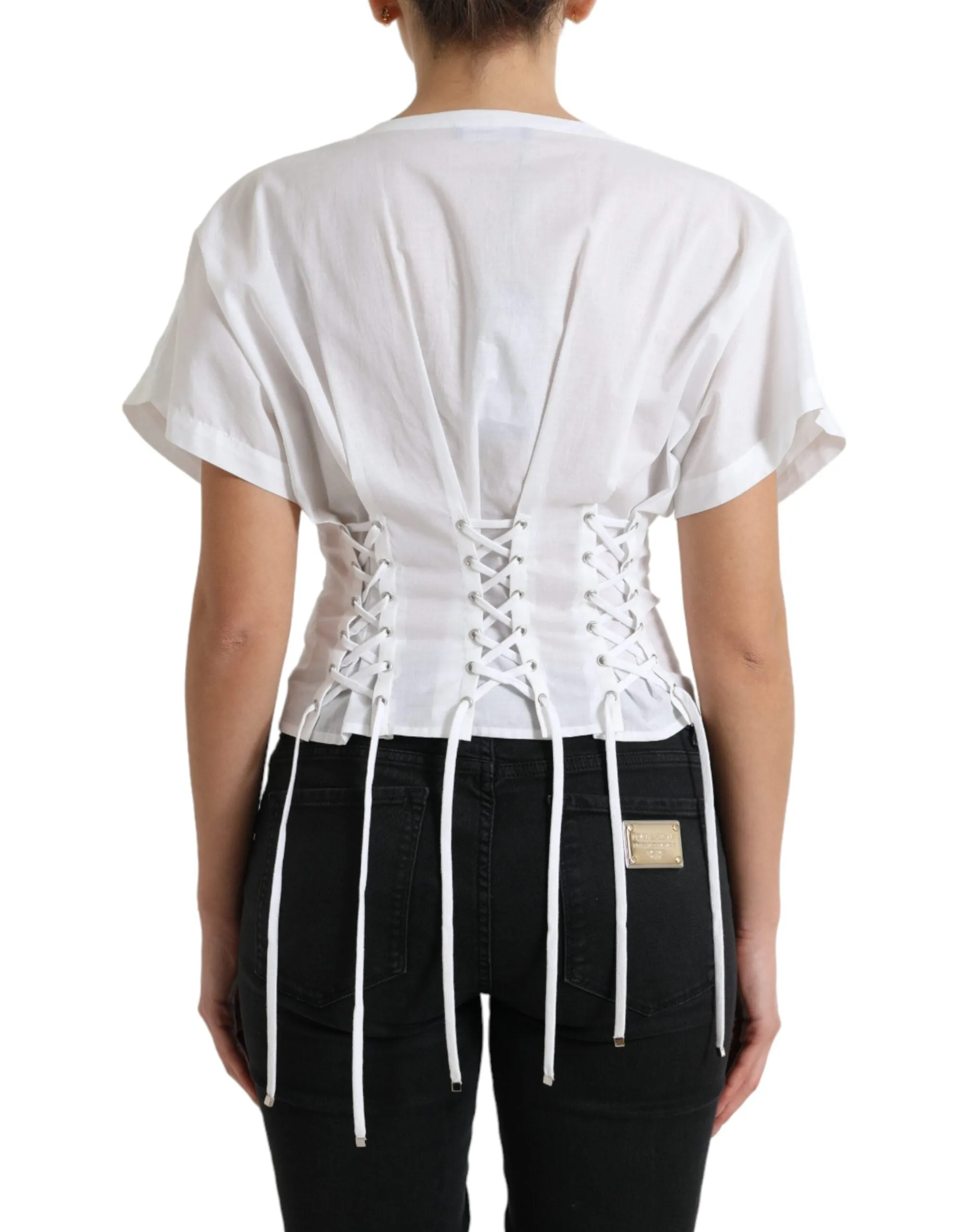 Elegant White Floral Lace-Up Blouse sold by Louxly product image thumbnail 3
