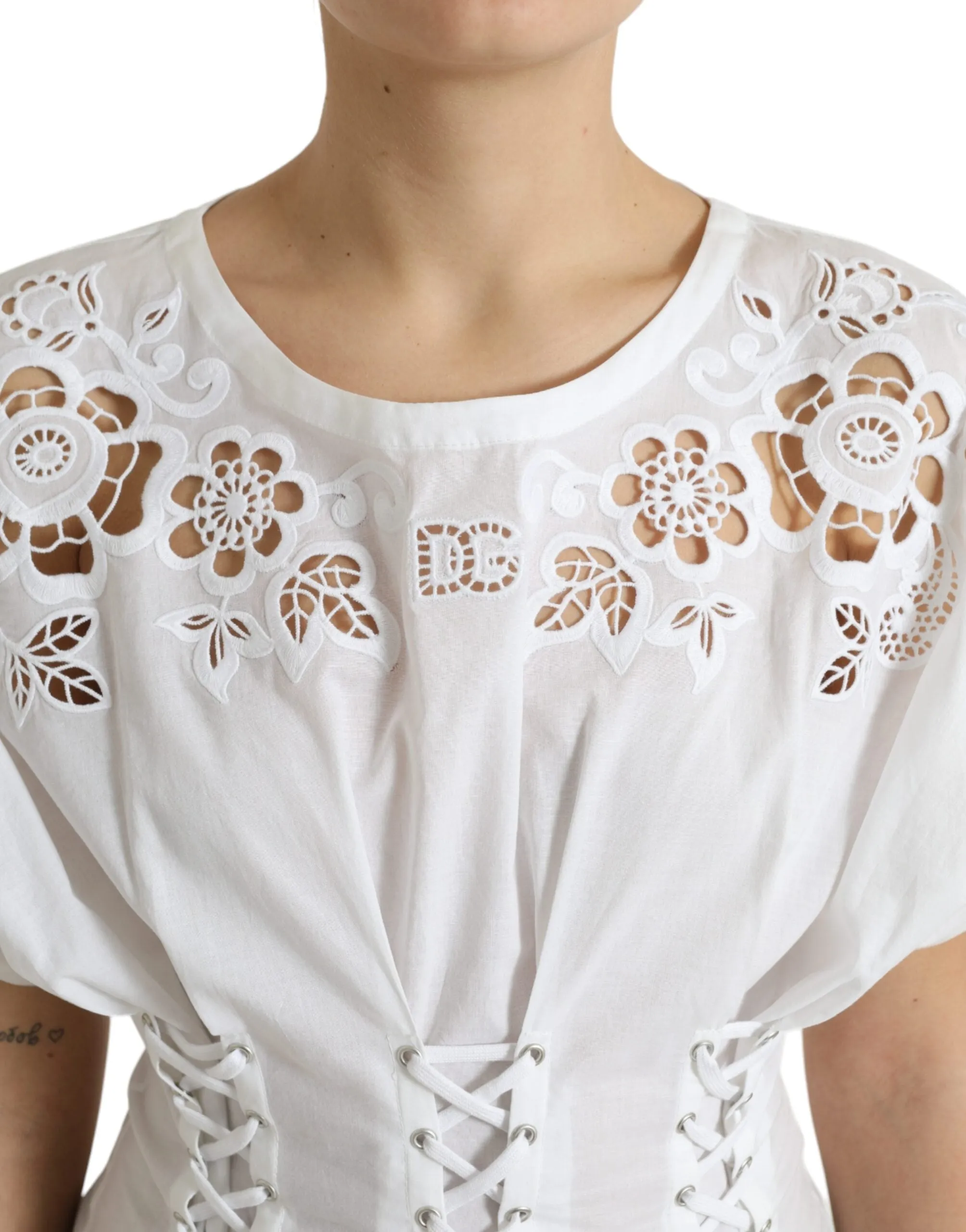 Elegant White Floral Lace-Up Blouse sold by Louxly product image thumbnail 4