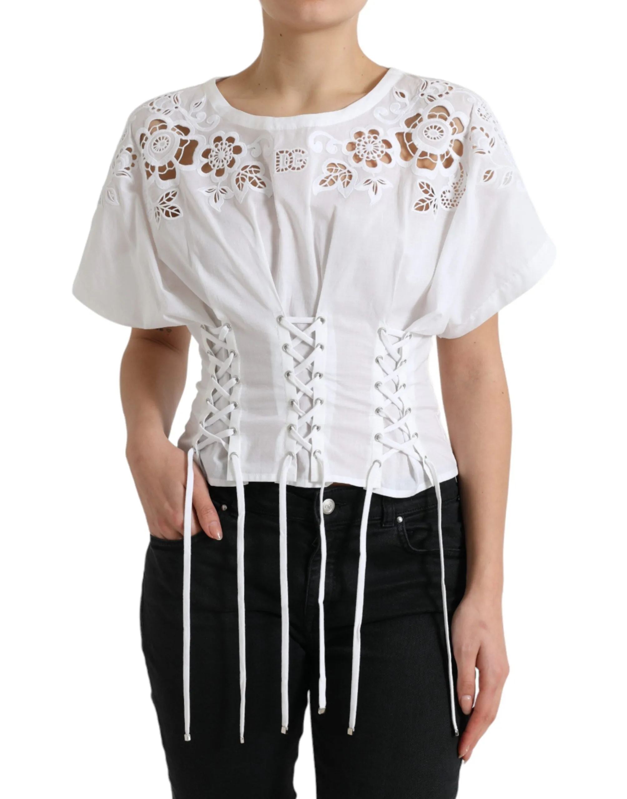 Elegant White Floral Lace-Up Blouse sold by Louxly