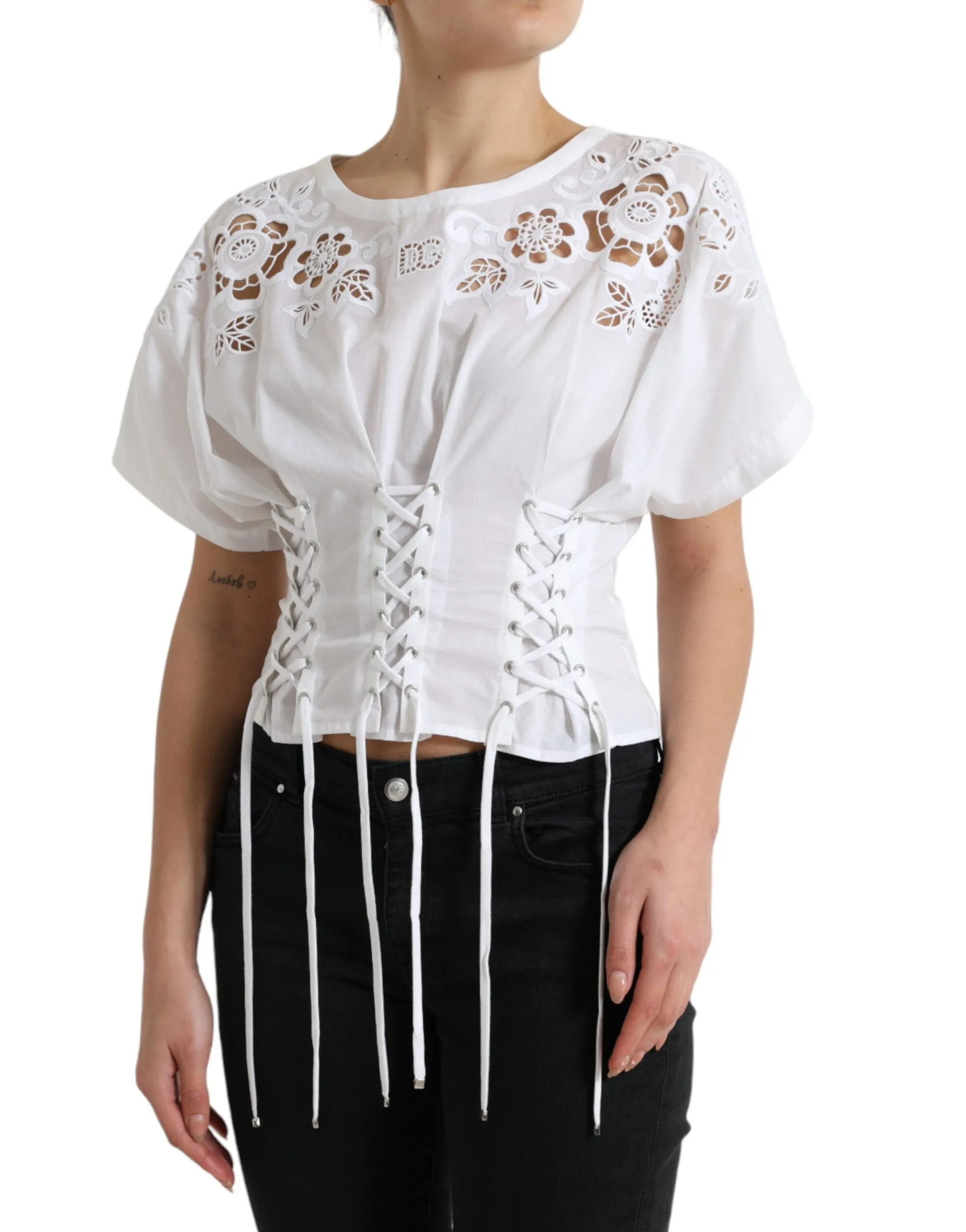 Elegant White Floral Lace-Up Blouse sold by Louxly product image thumbnail 2