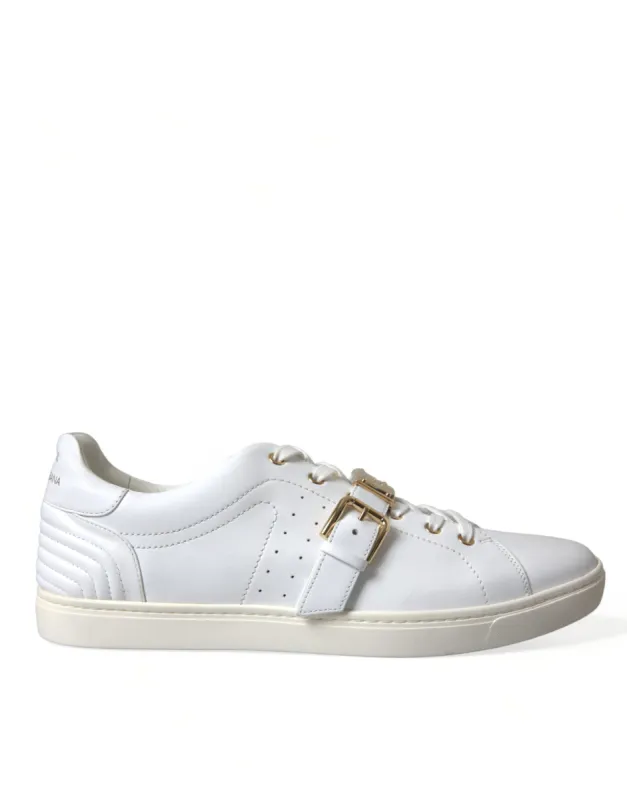 White Leather Gold Buckle Sneakers Shoes sold by Louxly