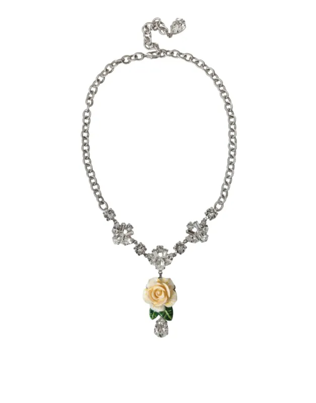 Silver Brass Clear Crystal Roses Pendants Necklace sold by Louxly