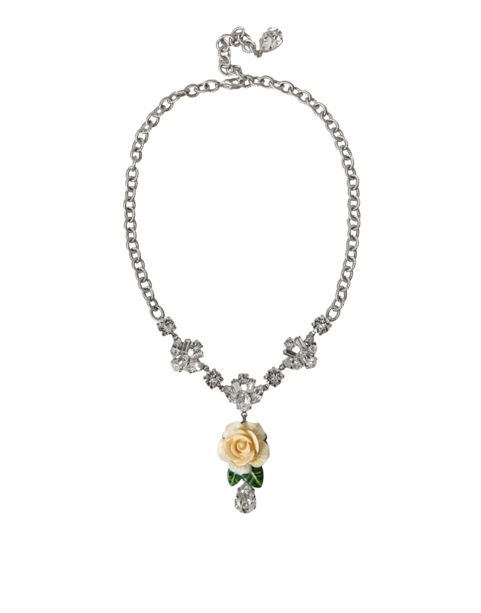 Silver Brass Clear Crystal Roses Pendants Necklace sold by Louxly