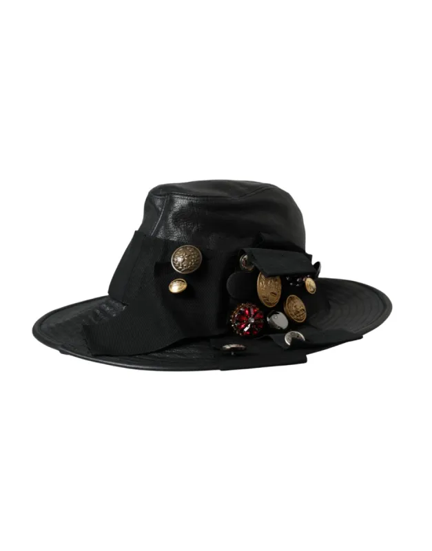 Black Leather DG Coin Crystal Wide Brim Hat sold by Louxly