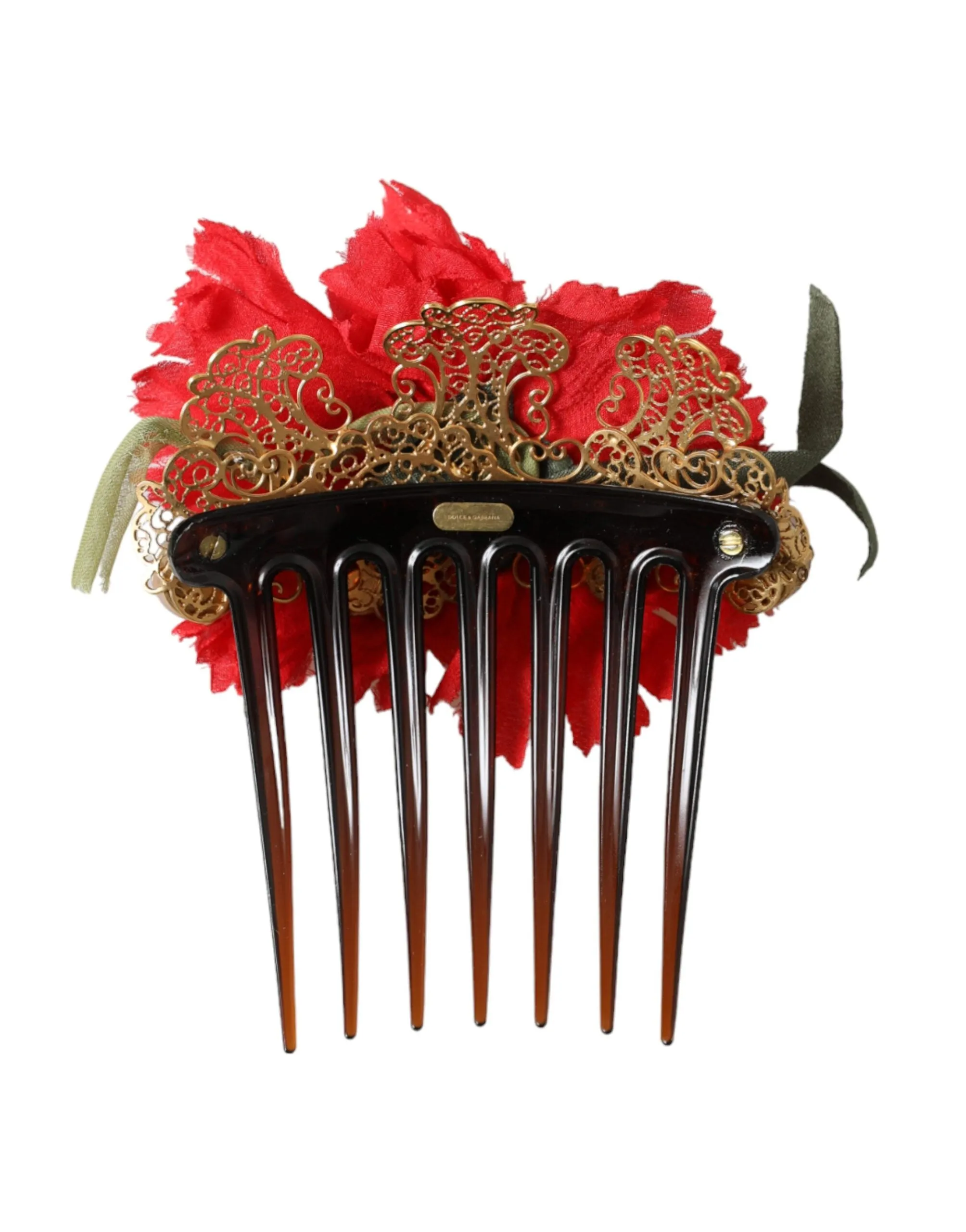 Red Silk Floral Gold Brass Women Hair Comb sold by Louxly product image thumbnail 4