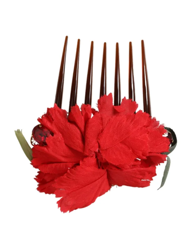 Red Silk Floral Gold Brass Women Hair Comb sold by Louxly