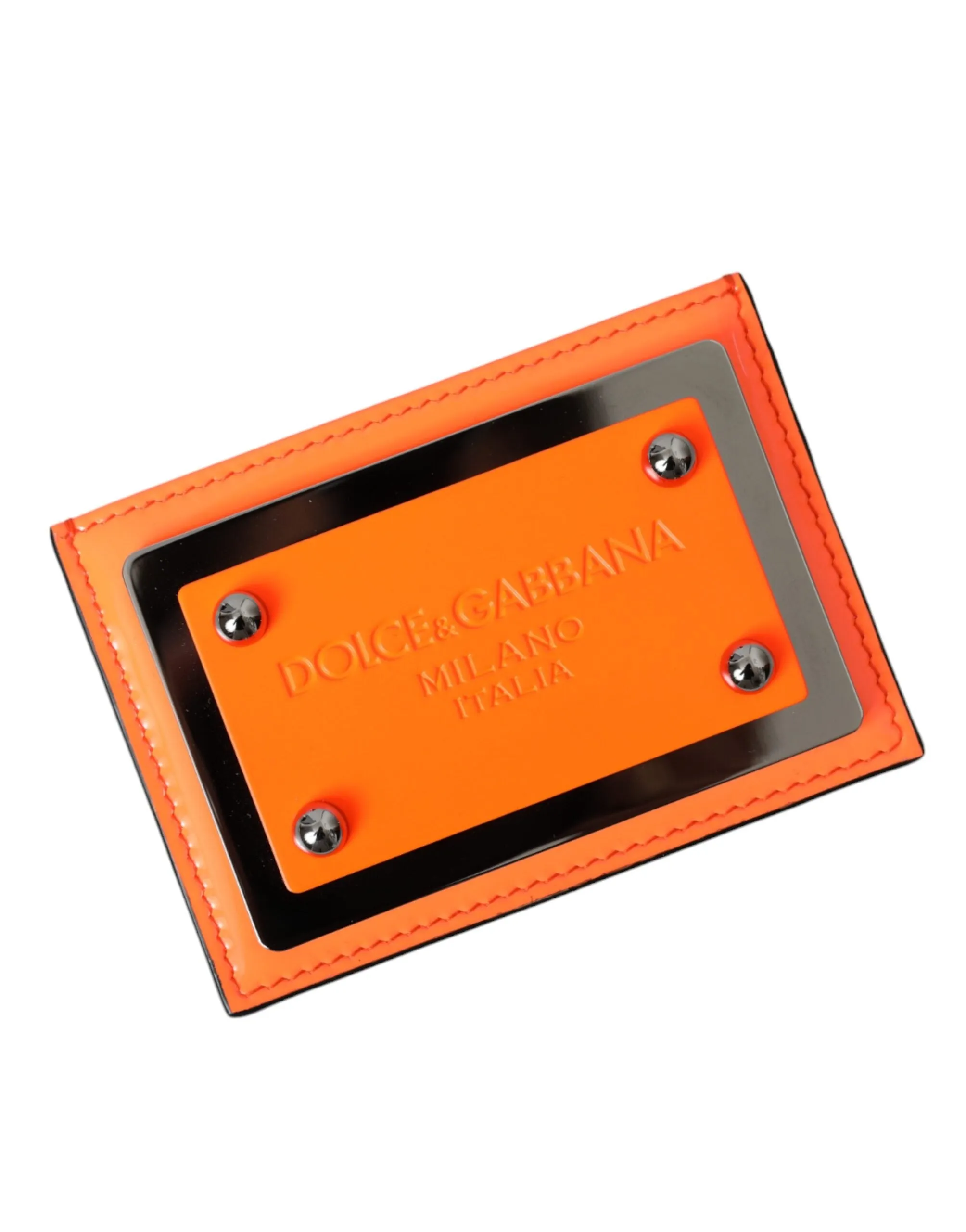 Orange Black Leather Logo Plaque Card Holder Wallet sold by Louxly
