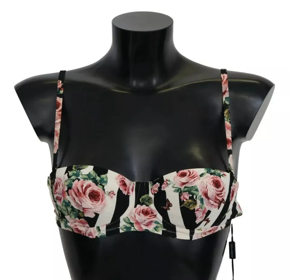 Multicolor Striped Rose Print Swimwear Bikini Top sold by Louxly