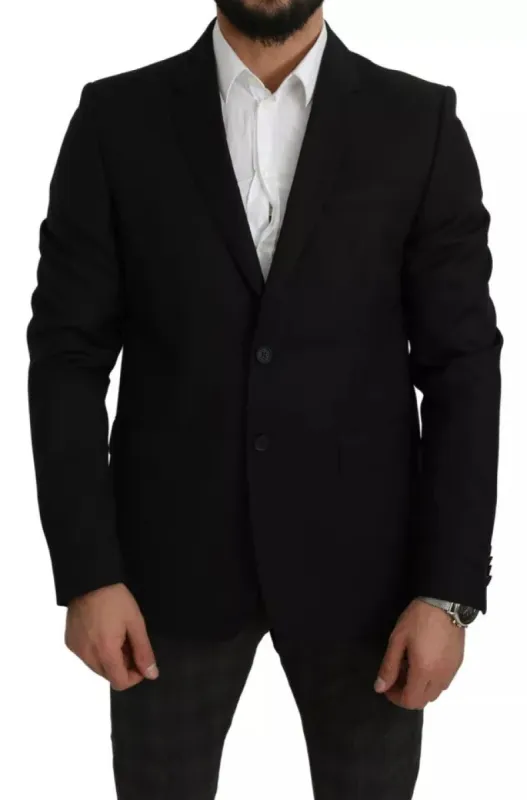 Black Wool Slim Fit Notch Jacket Blazer sold by Louxly