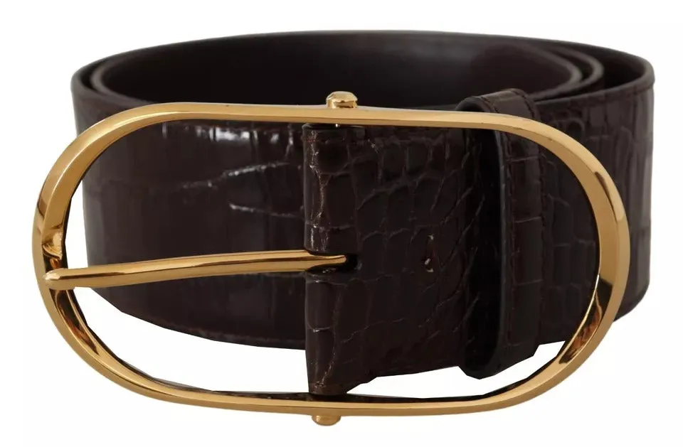 Brown Crocodile Pattern Leather Gold Oval Buckle Belt sold by Louxly product image thumbnail 2