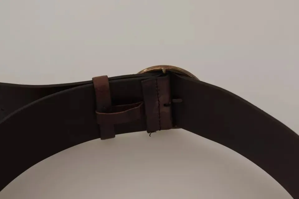 Dark Brown Wide Calf Leather Logo Round Buckle Belt sold by Louxly product image thumbnail 5