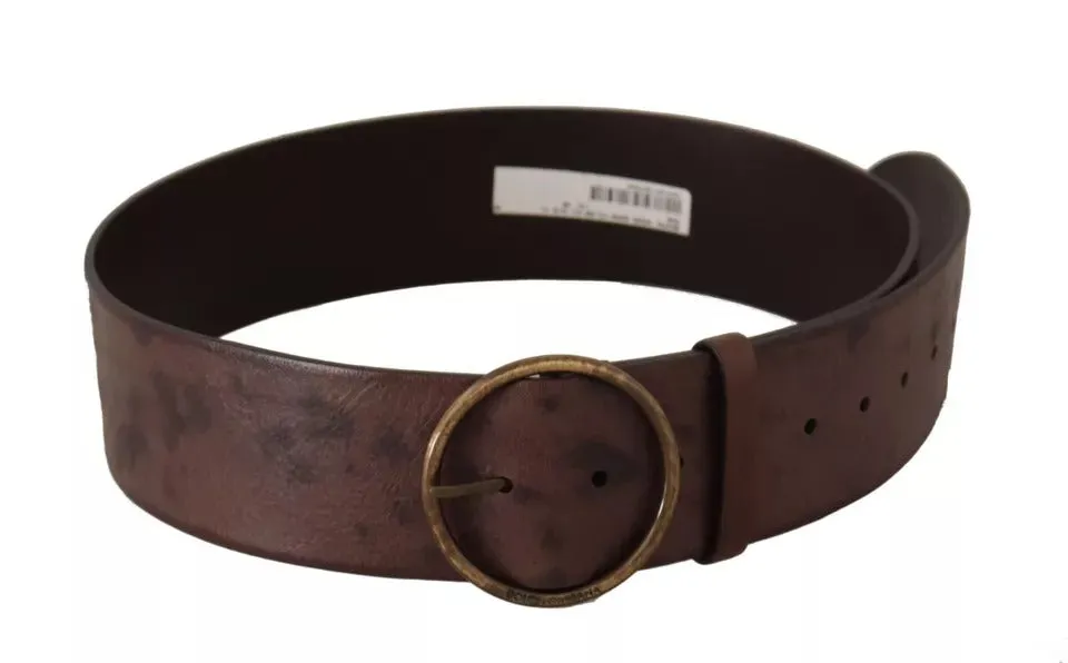 Dark Brown Wide Calf Leather Logo Round Buckle Belt sold by Louxly product image thumbnail 3