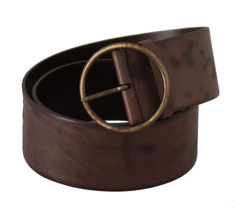 Dark Brown Wide Calf Leather Logo Round Buckle Belt sold by Louxly