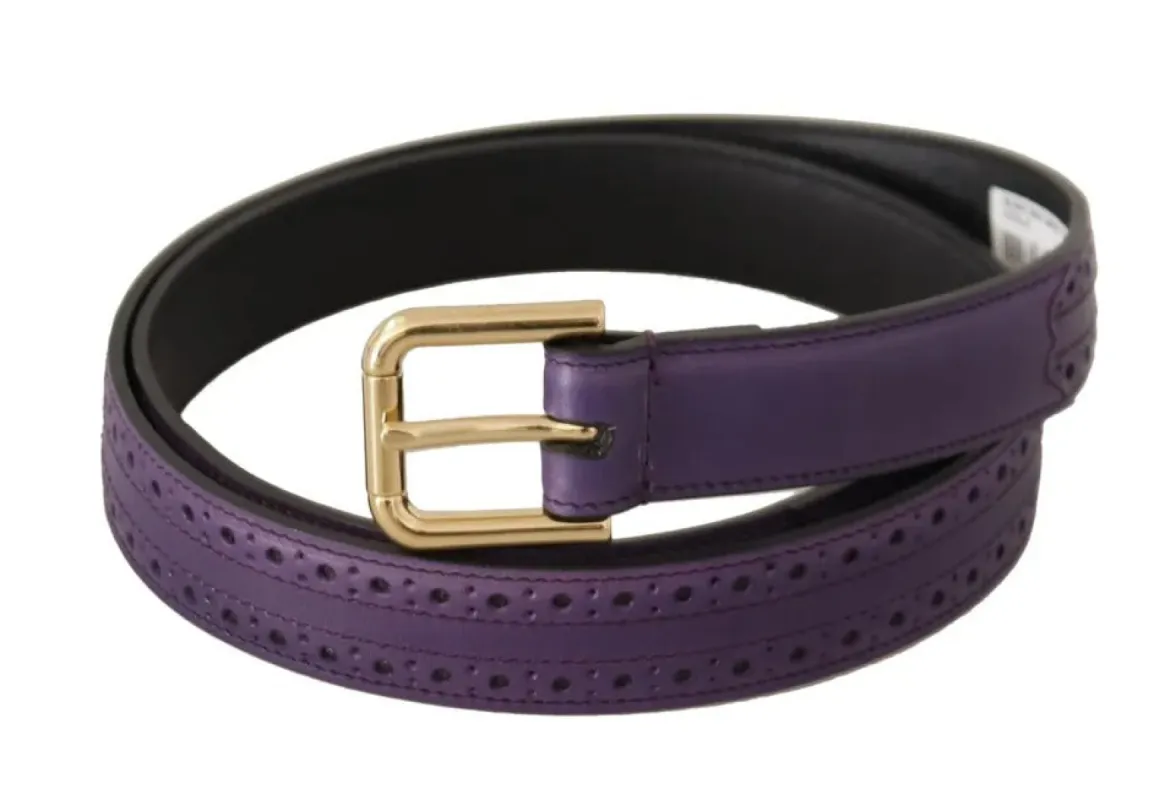 Purple Leather Gold Logo Engraved Metal Buckle Belt sold by Louxly
