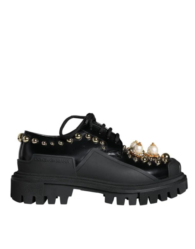 Black Leather Trekking Derby Embellished Shoes sold by Louxly