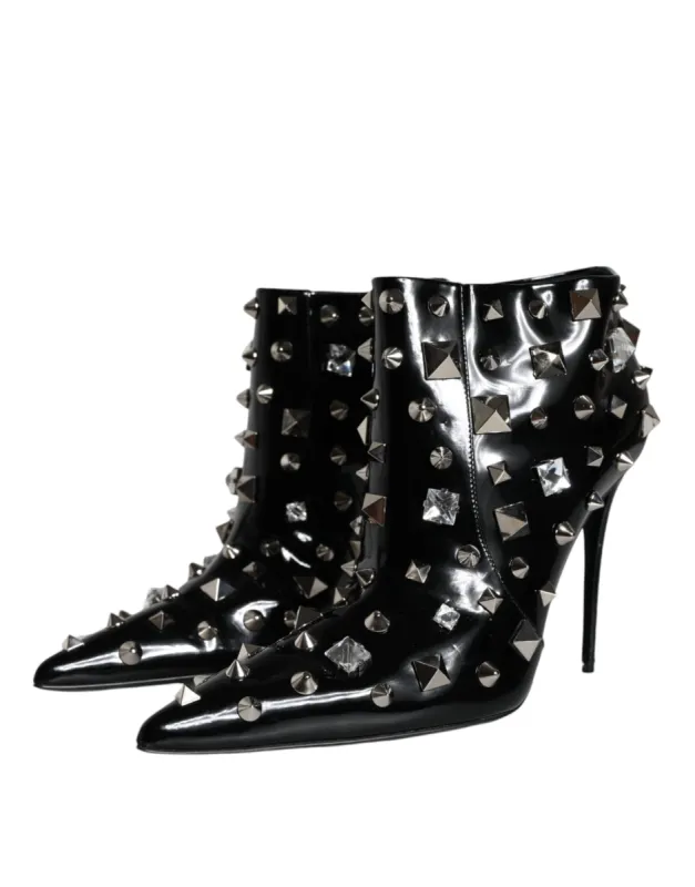 Black Leather Studs Crystal Ankle Boots Shoes sold by Louxly