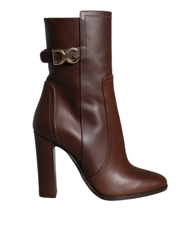 Brown Leather Heels Mid Calf Boots Shoes sold by Louxly