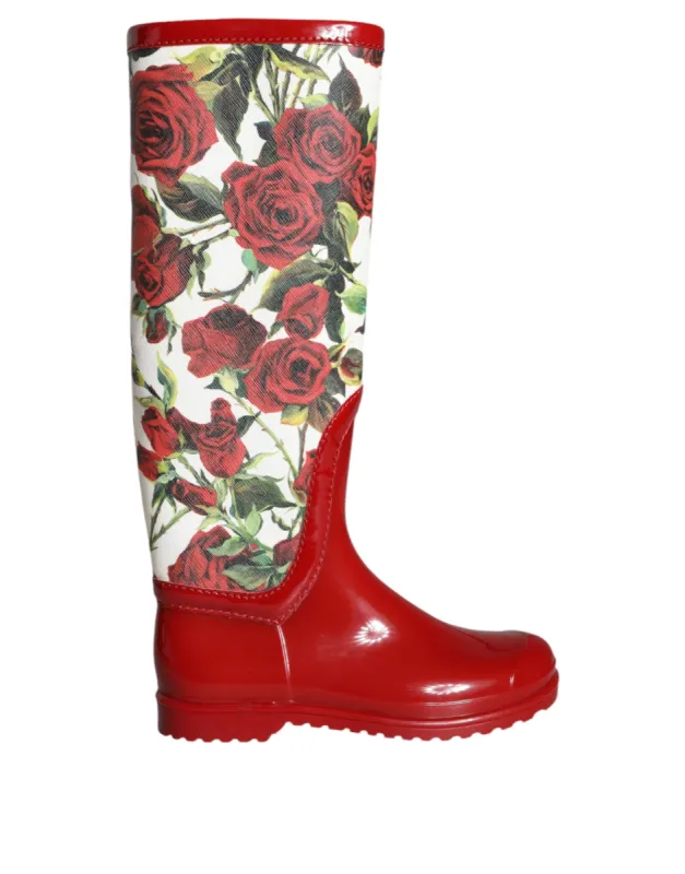 Red Floral Rubber Knee High Flat Boots Shoes sold by Louxly