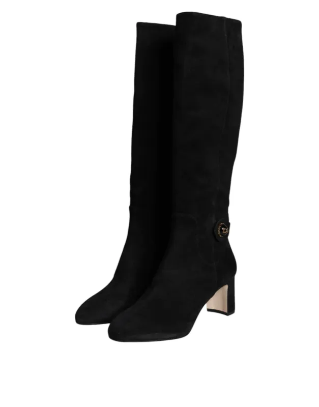 Black Suede Leather Logo Knee High Boots Shoes sold by Louxly