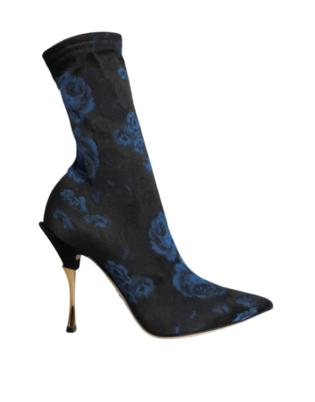 Black Floral Stretch Mid Calf Boots Shoes sold by Louxly