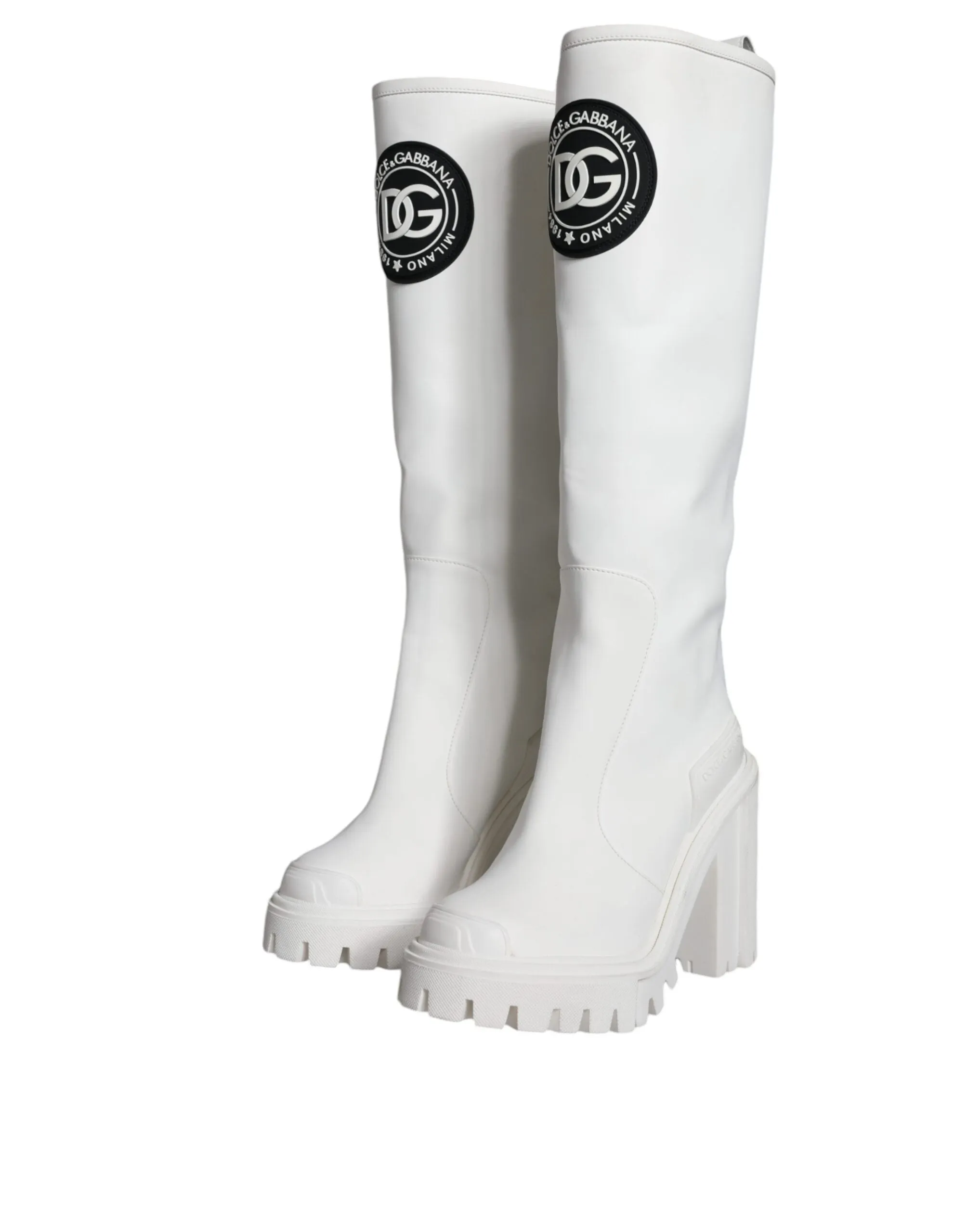 White Cotton Logo Heels Knee High Boots Shoes sold by Louxly product image thumbnail 3