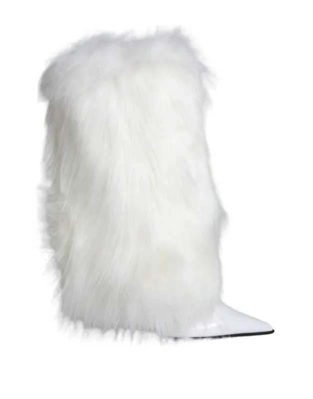 White Fur Leather Heels Mid Calf Boots Shoes sold by Louxly
