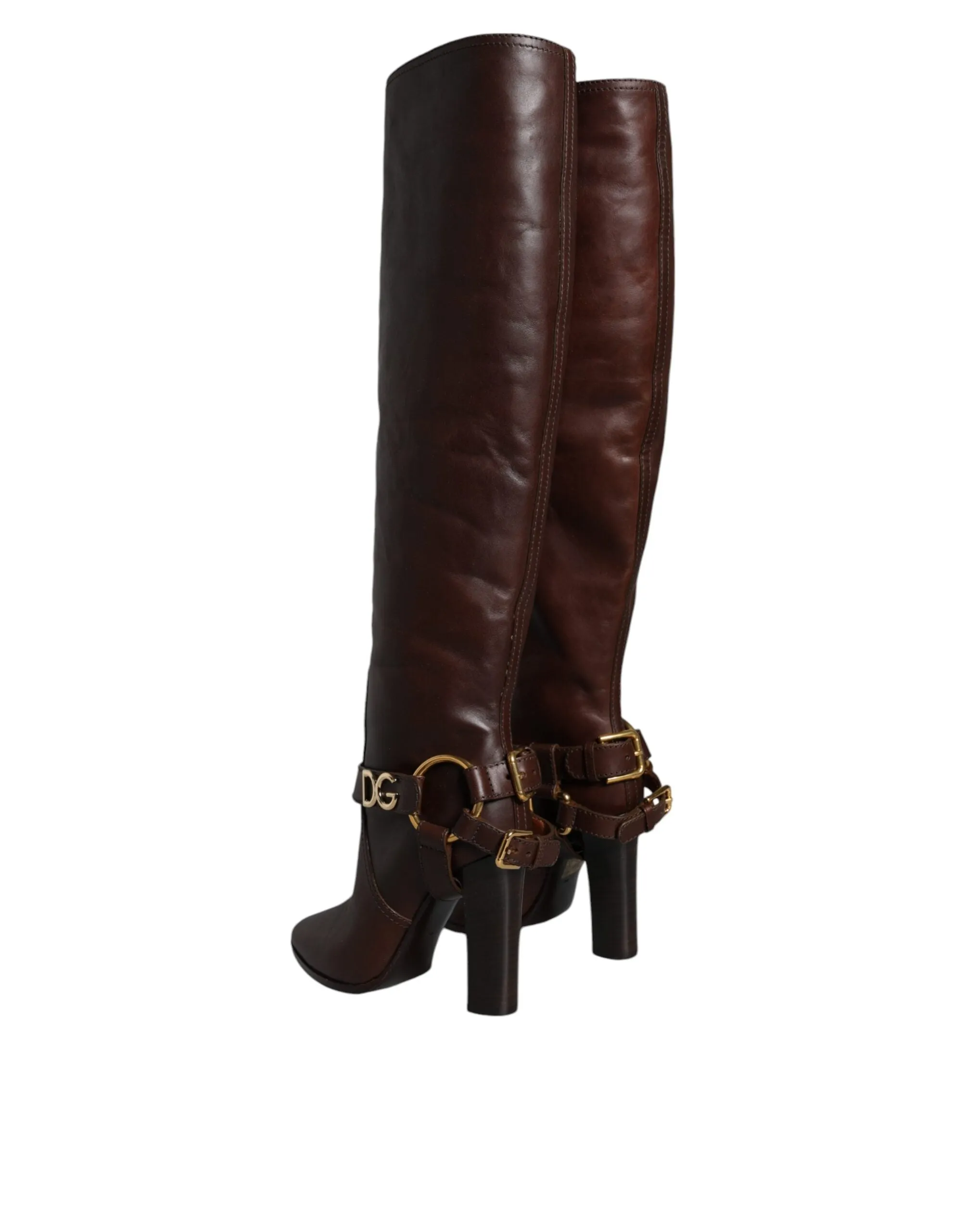 Brown Leather Gold Tone Logo High Boots Shoes sold by Louxly product image thumbnail 4
