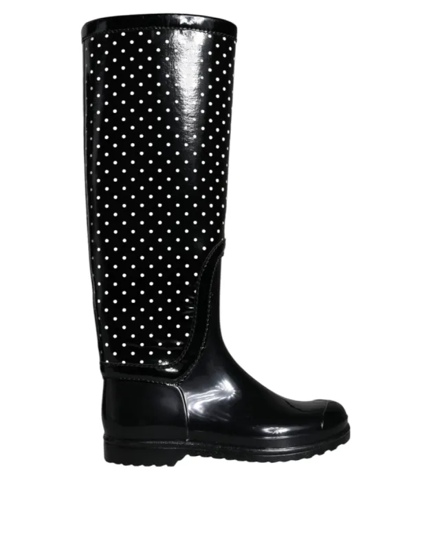 Black Polka Dot Rubber Knee High Boots Shoes sold by Louxly