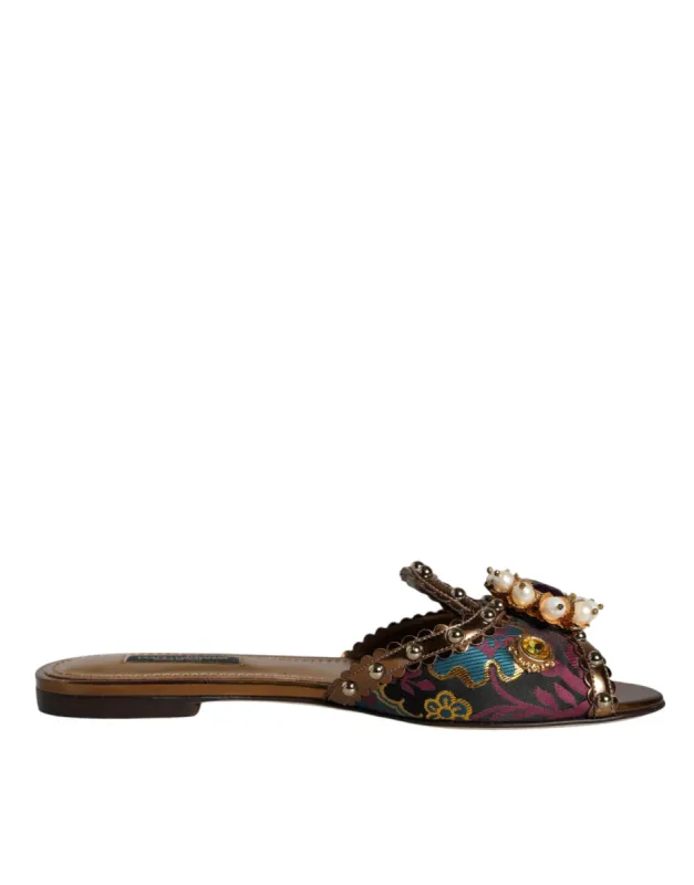 Multicolor Jacquard Embellished Slides Flats Shoes sold by Louxly