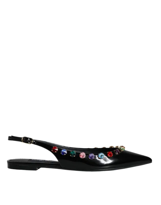 Black Leather Crystal Flats Slingback Shoes sold by Louxly