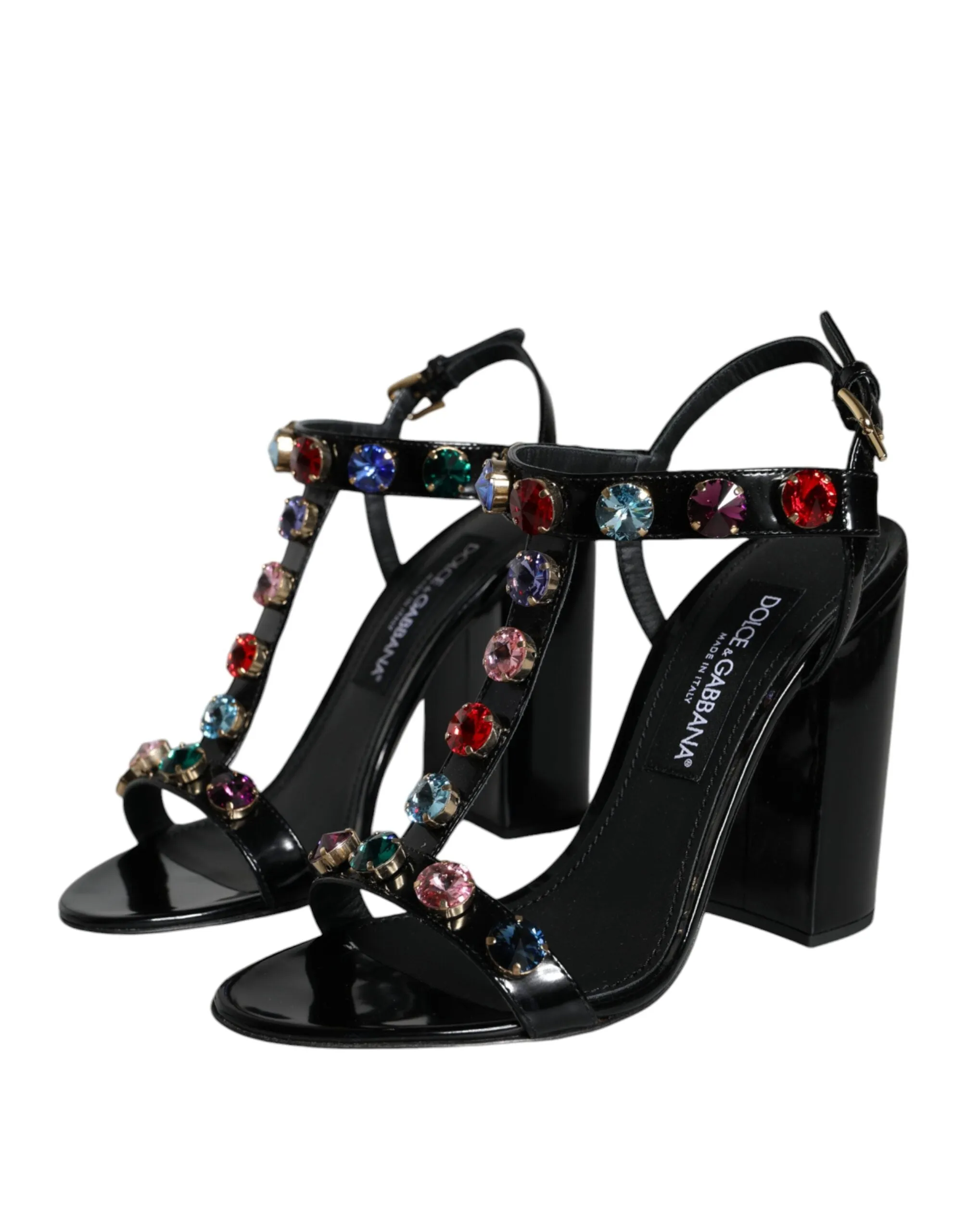 Black Crystal Leather T-strap Sandals Shoes sold by Louxly product image thumbnail 3