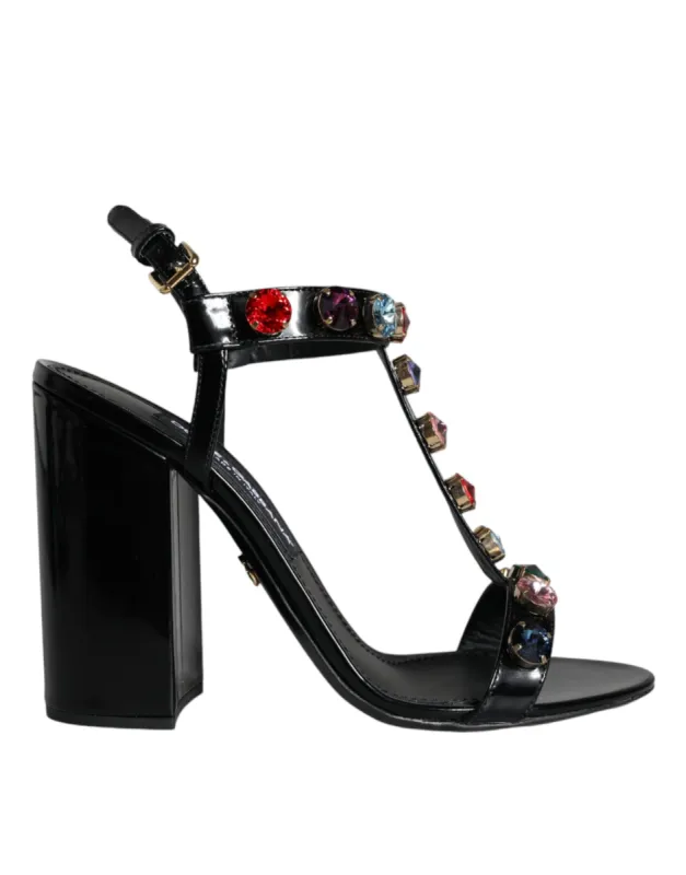 Black Crystal Leather T-strap Sandals Shoes sold by Louxly