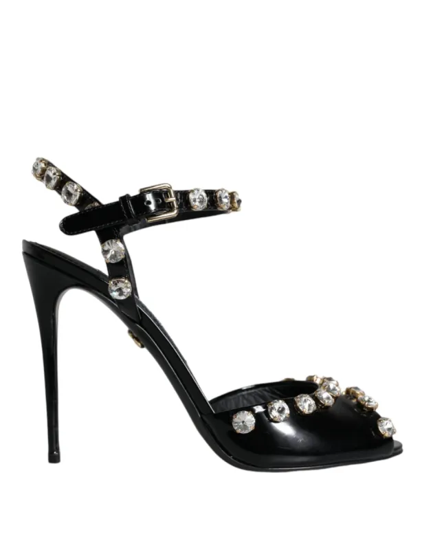 Black Leather Crystal Ankle Strap Sandals Shoes sold by Louxly