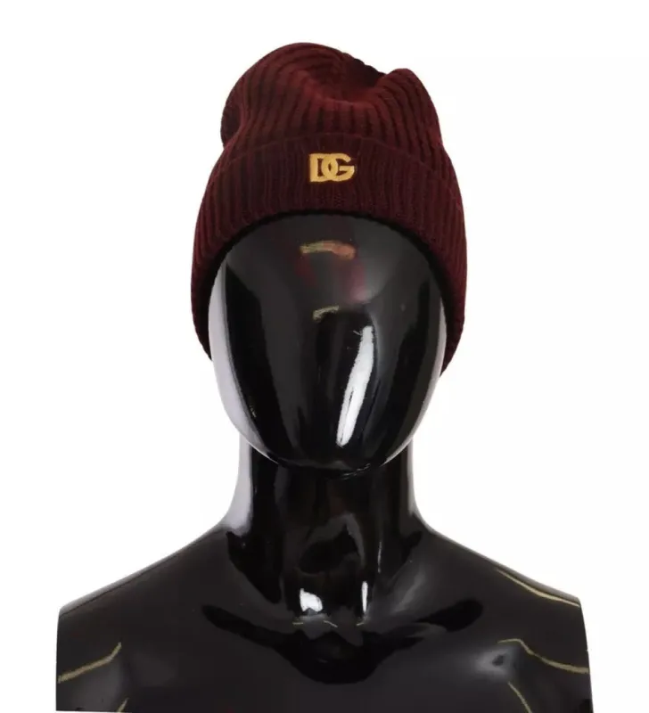 Dark Red Wool Knit Women Logo Beanie Cap Hat sold by Louxly