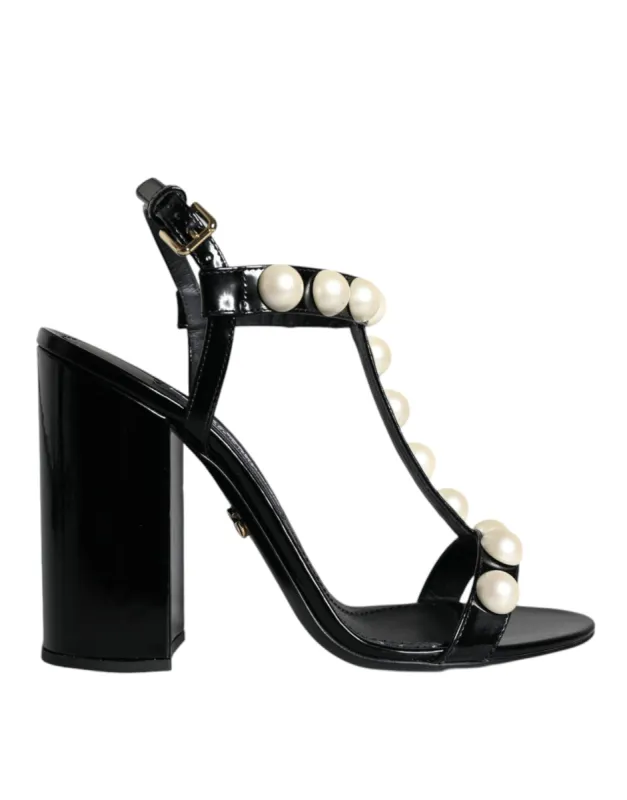 Black Leather Pearls T-strap Sandals Shoes sold by Louxly