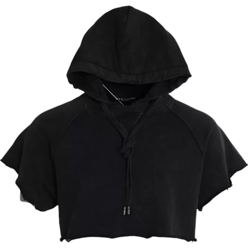 Black Cotton Hooded Short Sleeves Cropped T-shirt sold by Louxly