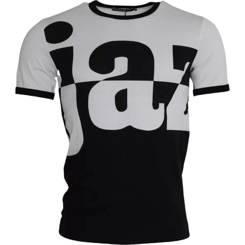Black White Jazz Print Cotton Short Sleeves T-shirt sold by Louxly
