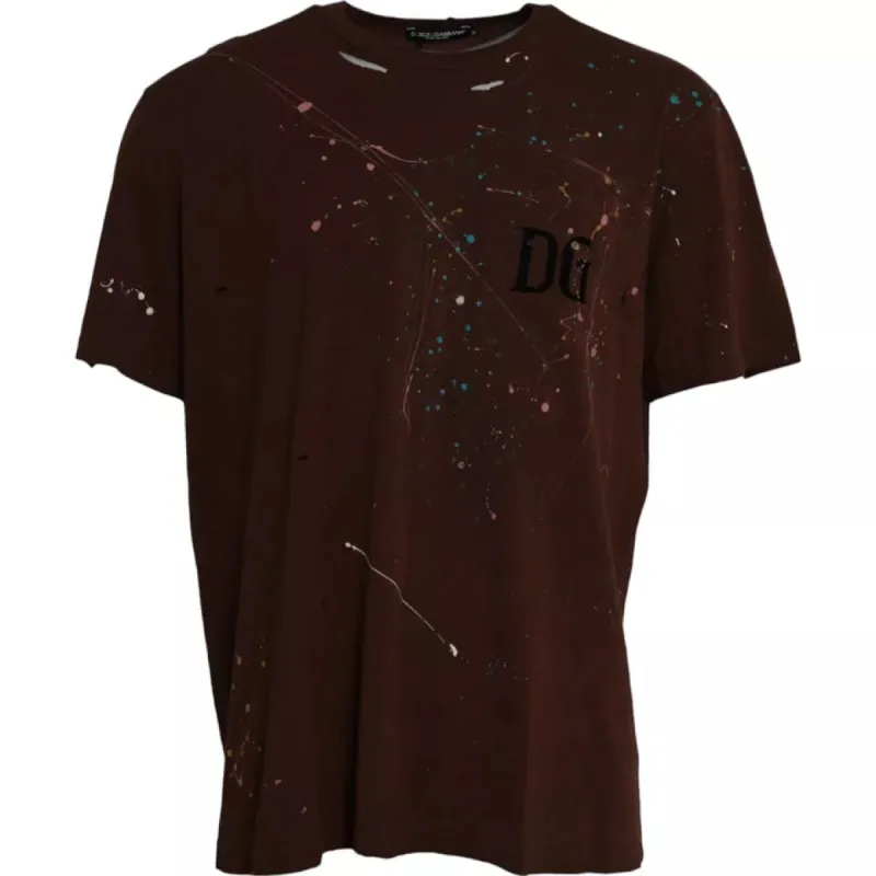Brown Color Splash Cotton Crew Neck T-shirt sold by Louxly