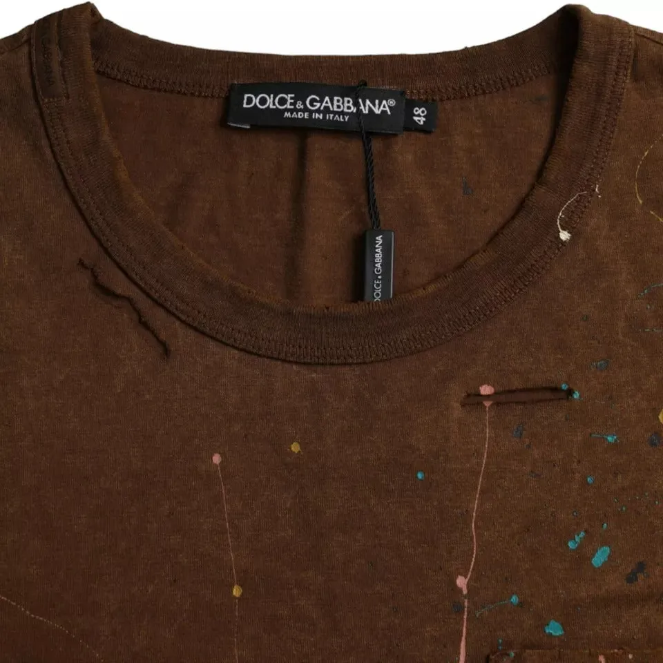 Brown Color Splash Cotton Crew Neck T-shirt sold by Louxly product image thumbnail 4