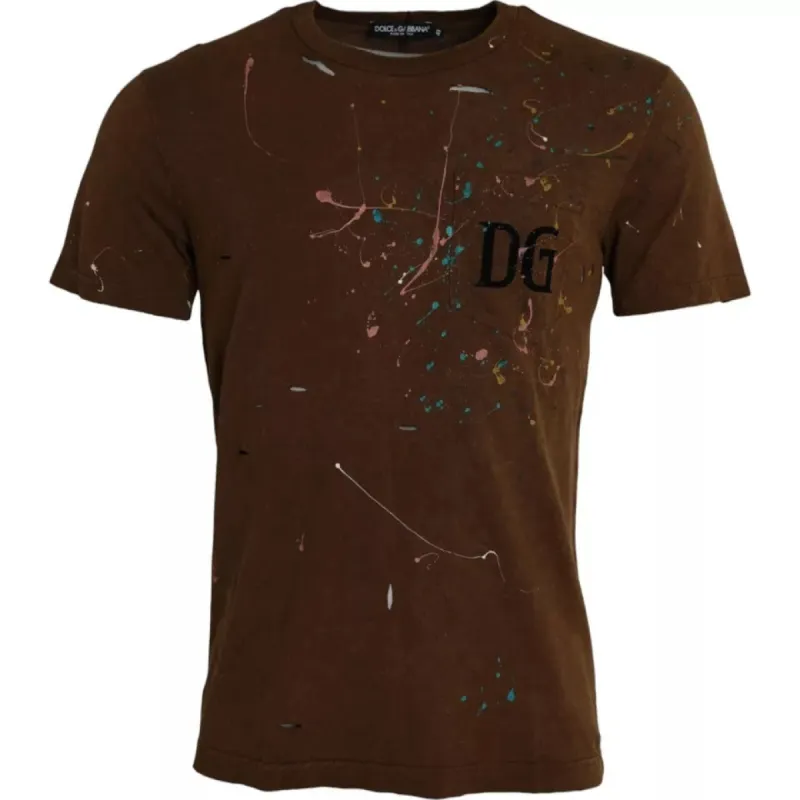 Brown Color Splash Cotton Crew Neck T-shirt sold by Louxly