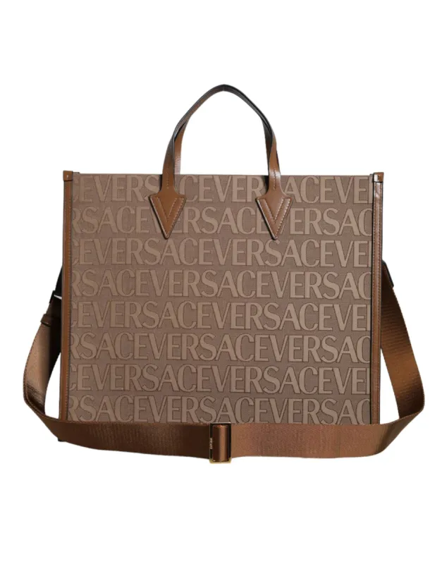 Brown Top Handle Jacquard Leather Logo Crossbody Tote Bag sold by Louxly