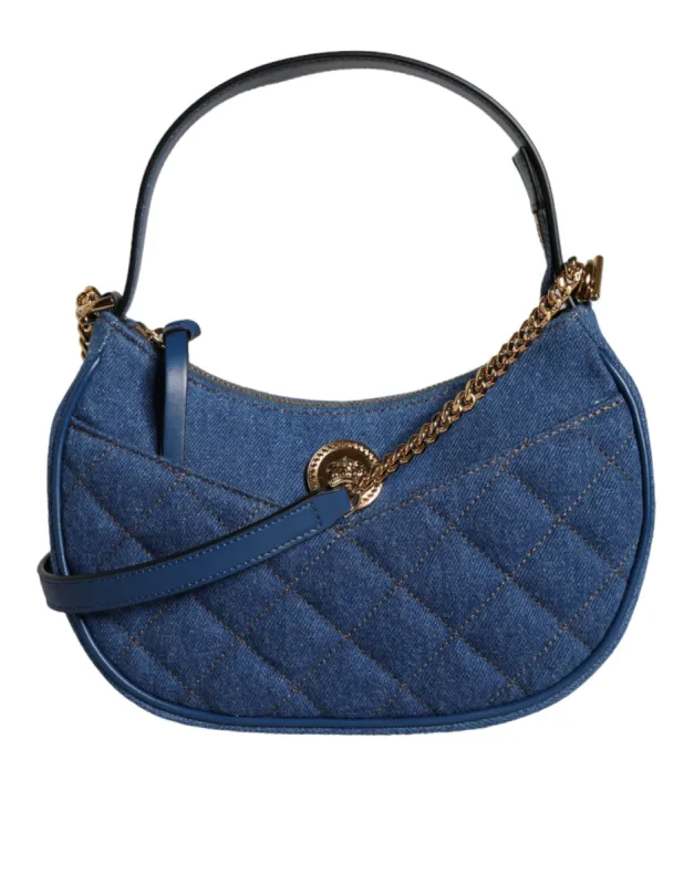 Blue Quilted Denim Leather Top Handle Shoulder Bag sold by Louxly