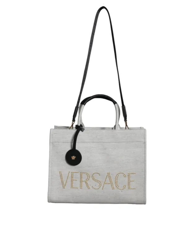 White Top Handle Canvas Leather Logo Crossbody Tote Bag sold by Louxly