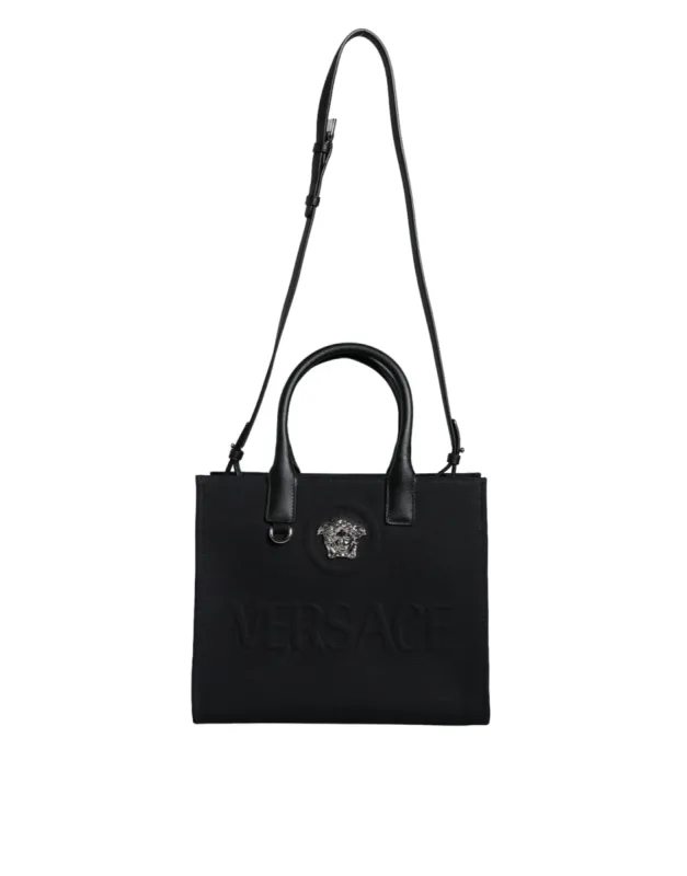 Black Top Handle Canvas Leather Logo Crossbody Tote Bag sold by Louxly