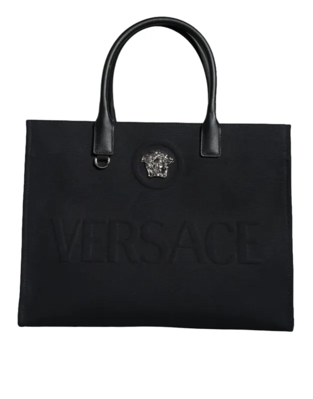 Black Top Handle Canvas Leather Logo Shopping Tote Bag sold by Louxly
